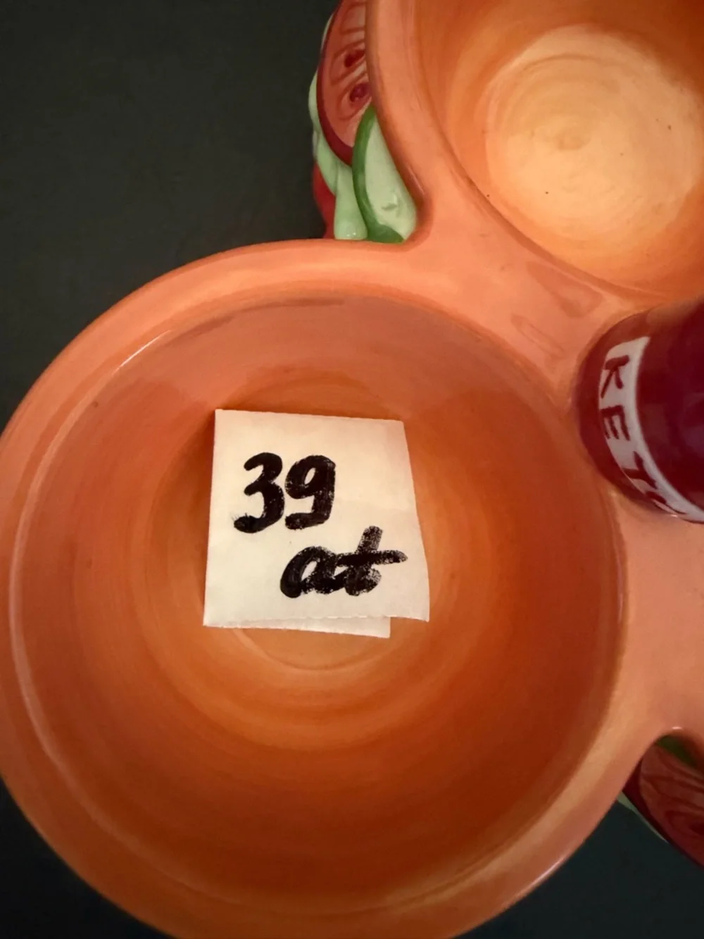 Ceramic Triple Dip Server Dish Cheeseburger with Ketchup Bottle